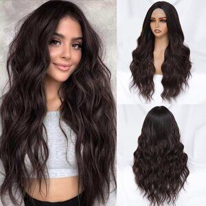Women Dark Brown 26 Inch Long Wavy Middle Part Heat Resistant Synthetic Wig